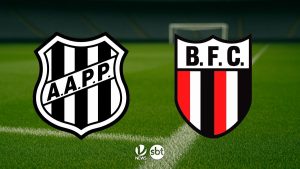 Jogadores de Ponte Preta e Botafogo-SP em disputa de bola no Estádio Moisés Lucarelli durante partida da 11ª rodada da Série B.