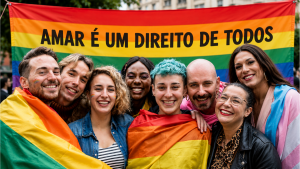 Representação visual sobre as conquistas jurídicas e os desafios sociais da comunidade LGBTI+ no Brasil.
