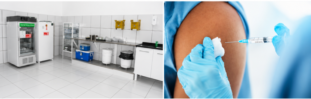 Paciente sendo vacinado no braço por um profissional de saúde em uma Unidade Básica de Saúde (UBS), reforçando a importância da prevenção antecipada.