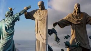 Cristo Redentor e Estátua da Liberdade em cena de combate gerada por inteligência artificial, representando as tensões diplomáticas entre Brasil, Irã e Estados Unidos.