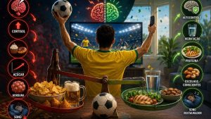 Torcedor em clima de tensão durante jogo de futebol com mesa servida de petiscos e cerveja, representando o impacto do estresse e consumo de álcool no organismo.