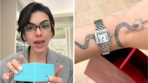 Influenciadora Amanda Castanha e o relógio Cartier Panthère Steel em destaque sobre a conclusão da investigação no Aeroporto de Viracopos.