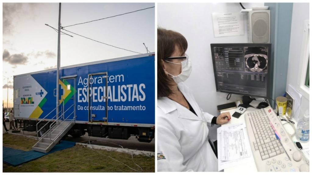 Vista externa da carreta de exames de imagem do Ministério da Saúde estacionada na Avenida Limeira, em Piracicaba, preparada para atendimentos do SUS.