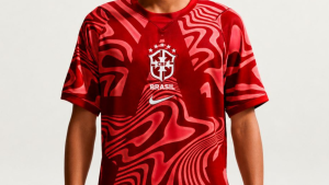 Uniformes da Seleção Brasileira para a Copa do Mundo de 2026, destacando as versões amarela, azul e a polêmica camisa vermelha.