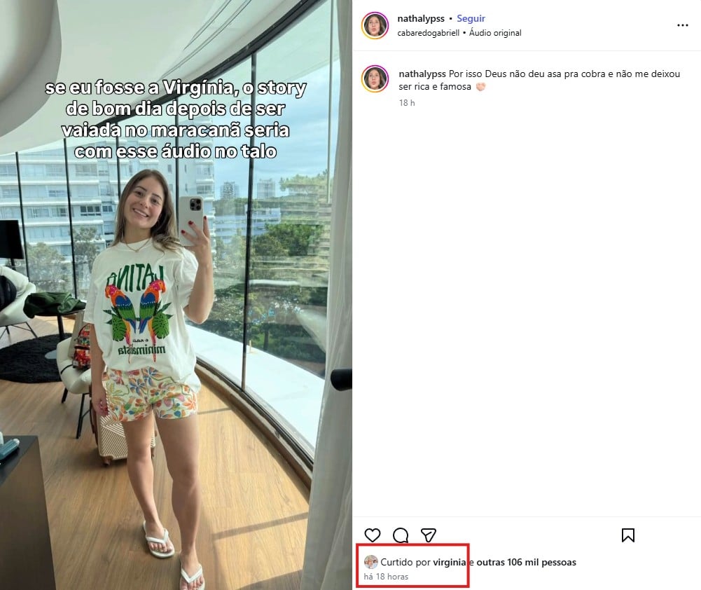 Captura de tela de postagem no Instagram com meme da personagem Carminha, curtida por Virginia Fonseca após polêmica no Maracanã.