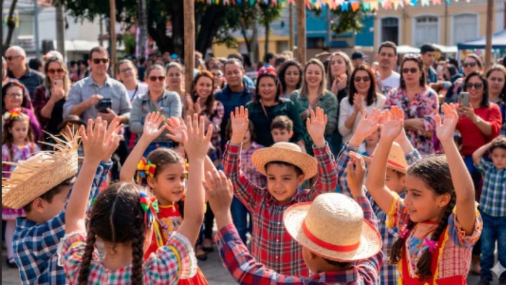 Cenário de quermesse brasileira com bandeirinhas e barracas, representando a união entre religiosidade e cultura popular.
