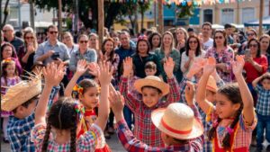 Decoração de festa junina com bandeirinhas coloridas e barracas típicas em Campinas, ilustrando o clima festivo e a importância da segurança elétrica.