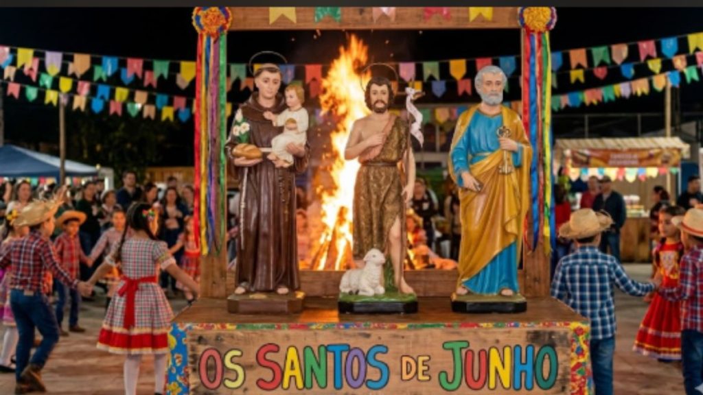 Decoração festiva com bandeirinhas coloridas e elementos típicos das celebrações de Santo Antônio, São João e São Pedro.