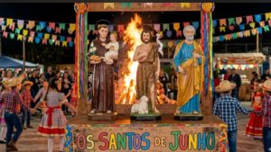Decoração festiva com bandeirinhas coloridas e elementos típicos das celebrações de Santo Antônio, São João e São Pedro.