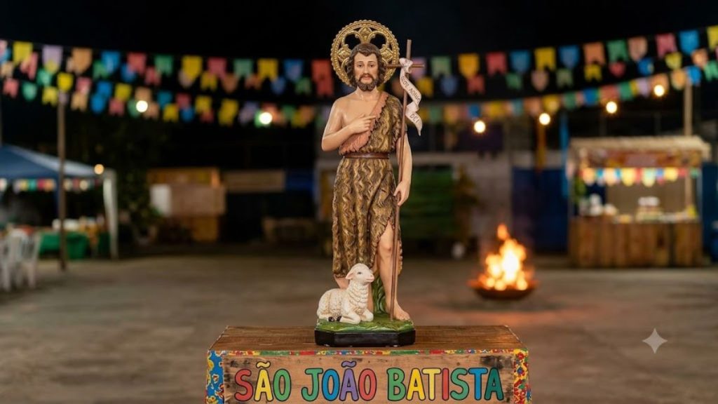 Ilustração de São João Batista, o precursor de Cristo, em referência ao batismo no Rio Jordão e às festas de 24 de junho.