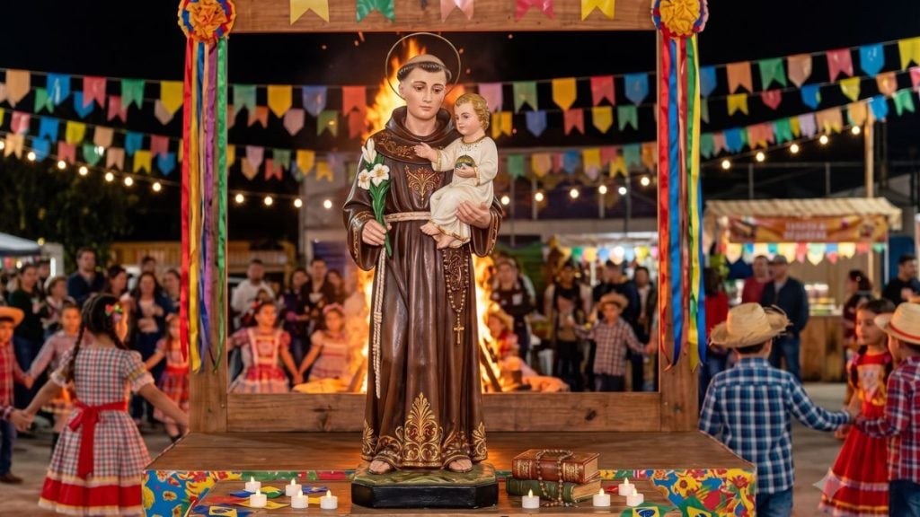 Representação de Santo Antônio, o santo casamenteiro das festas juninas, segurando o Menino Jesus e um lírio.
