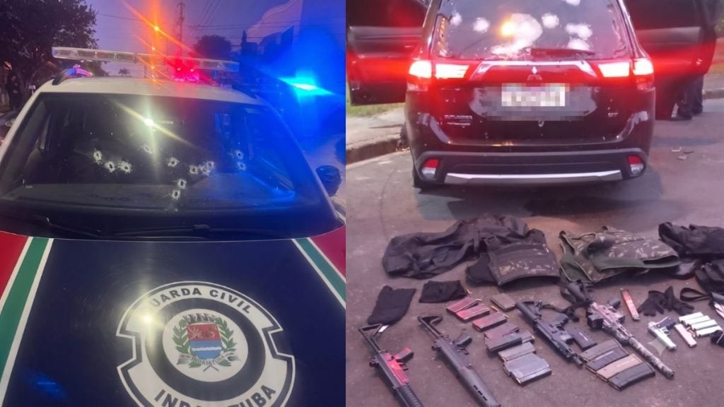 Fuzis, submetralhadora e pistolas dispostos à frente de veículo branco apreendido com marcas de tiros no para-brisa em Indaiatuba.