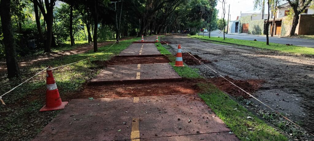 Vista das obras de modernização no Parque Linear da avenida Cruzeiro do Sul, destacando a preparação do terreno para o novo pavimento da ciclovia.