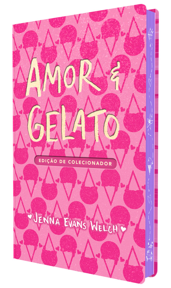 Livro Amor & Gelato em edição de luxo com bordas arredondadas e fitilho, celebrando os 10 anos da obra de Jenna Evans Welch.