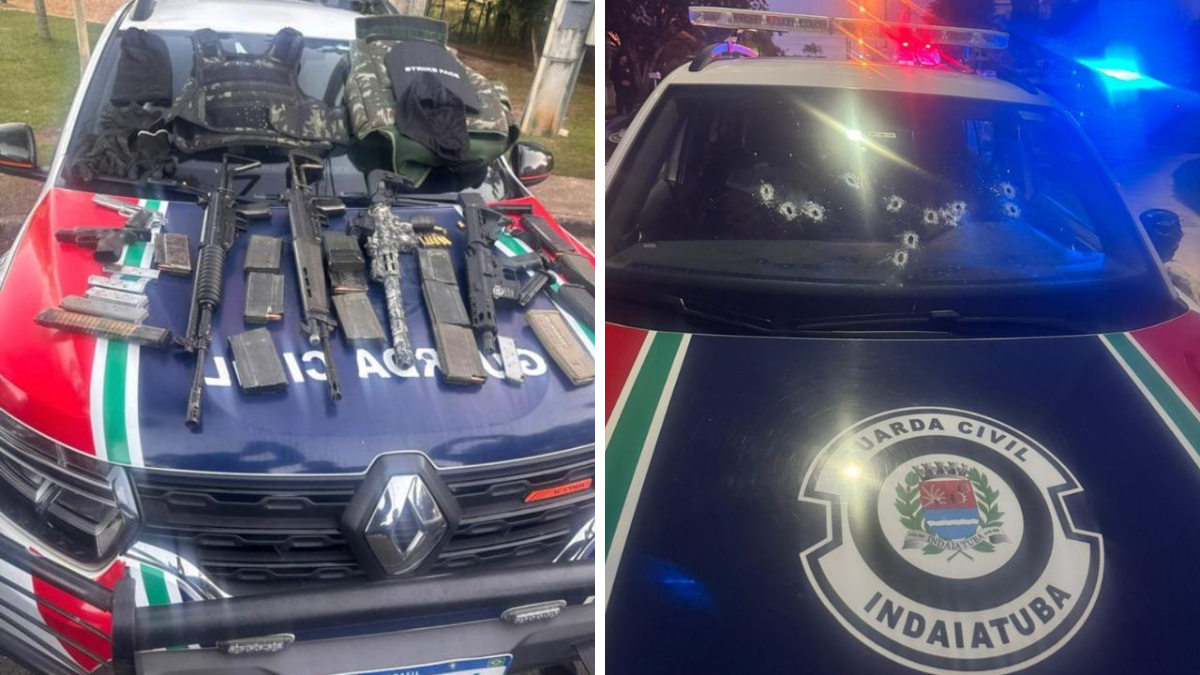 Viaturas da Guarda Civil Municipal de Indaiatuba e do Baep em operação policial após perseguição e troca de tiros com criminosos.