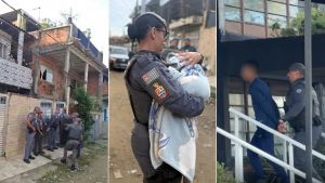 Policiais militares do 21º BPM/I em operação de resgate de bebê mantido refém pelo pai em Guarujá, litoral de São Paulo.