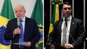 Montagem com retratos do presidente Lula e do senador Flávio Bolsonaro sobre fundo neutro, ilustrando o cenário de disputa para as eleições presidenciais de 2026.