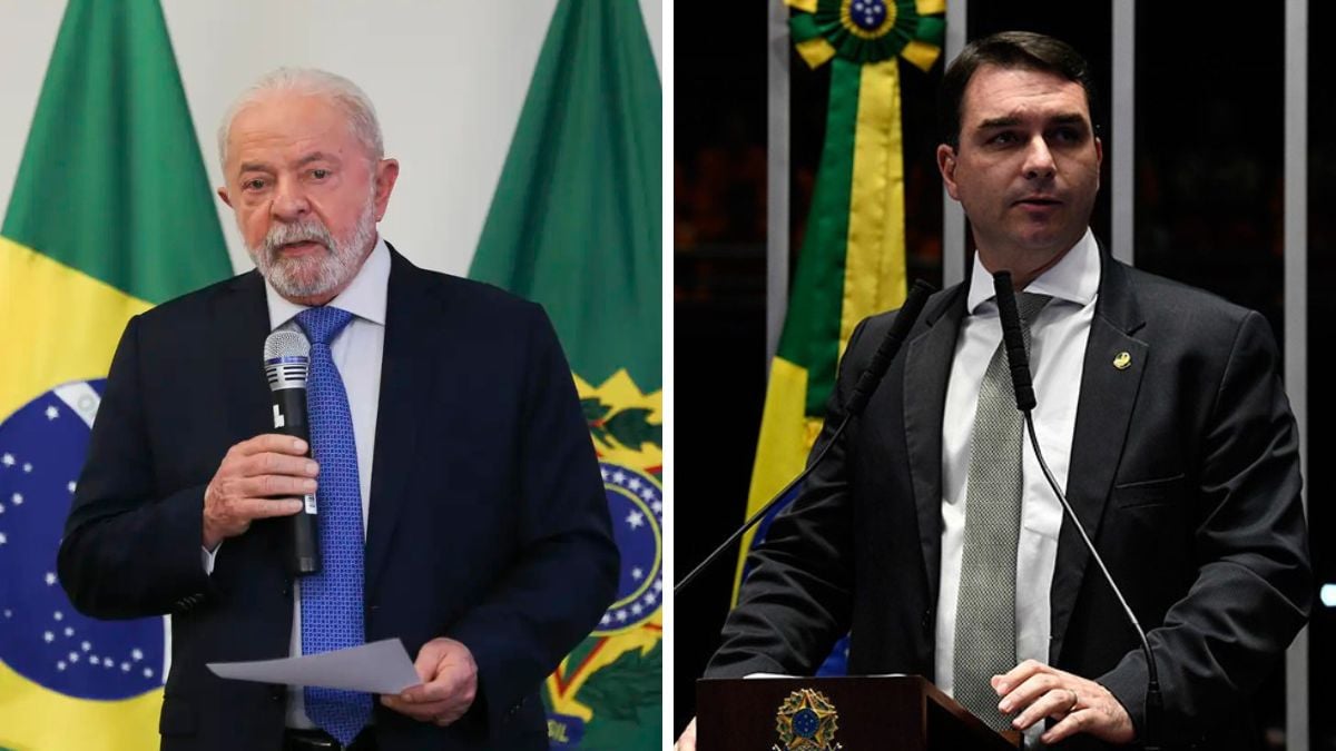 Montagem com retratos do presidente Lula e do senador Flávio Bolsonaro sobre fundo neutro, ilustrando o cenário de disputa para as eleições presidenciais de 2026.