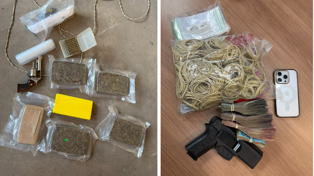 Tijolos de entorpecentes, armas de fogo, munições e maços de dinheiro recuperados pela Polícia Civil em imóveis ligados ao proprietário da Adega do Borel.