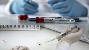 Profissional de saúde utilizando equipamentos de proteção individual em ambiente laboratorial, representando os protocolos de biossegurança e a investigação de casos suspeitos de Ebola em São Paulo.