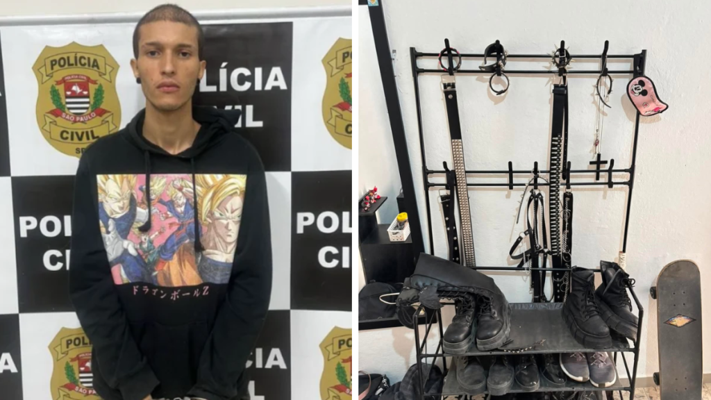 Lucas Eduardo, suspeito do crime, ao lado de materiais apreendidos pela perícia, como facas e livros de conteúdo ritualístico em Amparo.