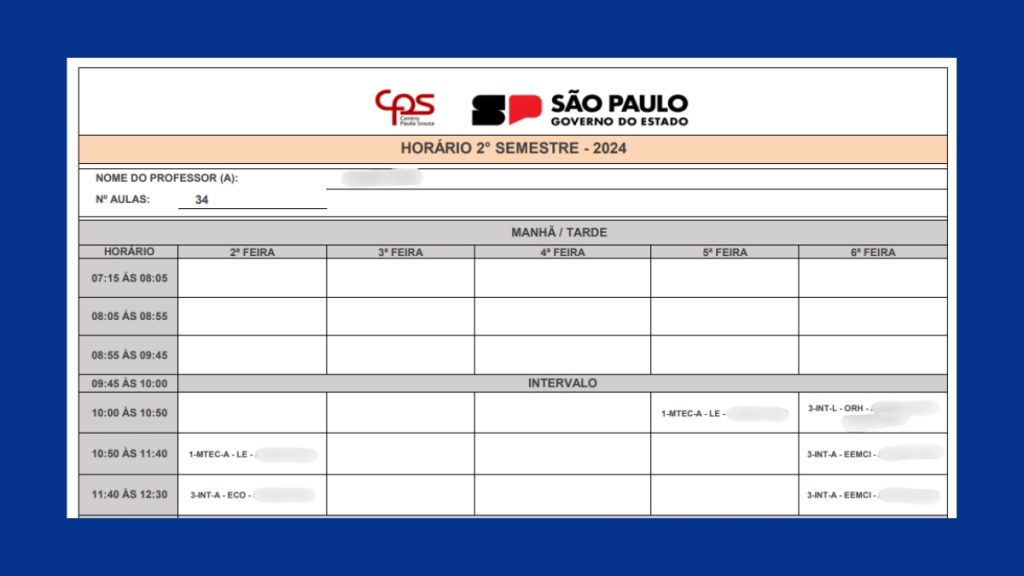 Trecho da grade horária da Etec de Cubatão destacando as aulas de Ética (ECO) sob responsabilidade do docente investigado em 2024.