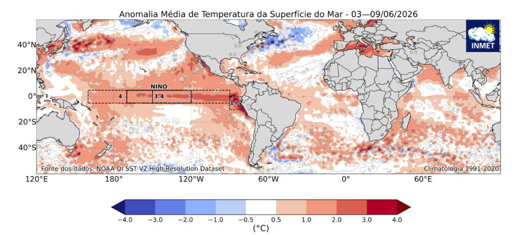 Mapa técnico do Inmet mostrando a anomalia da temperatura da superfície do mar no Pacífico Equatorial, com áreas em tons de vermelho indicando o aquecimento do El Niño.