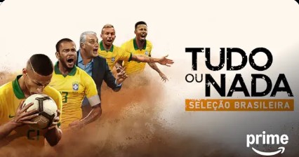 Jogadores da Seleção Brasileira em momento de união no vestiário durante a série documental Tudo ou Nada.