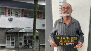 Fachada da Delegacia Sede de Cubatão, local onde foi registrada a ocorrência da prisão de Bento José do Nascimento, suspeito de homicídio capturado na Baixada Santista.