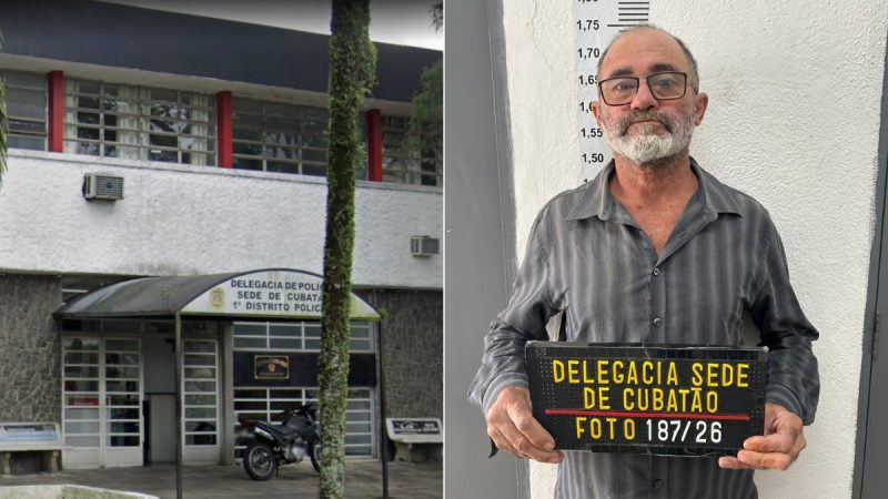 Fachada da Delegacia Sede de Cubatão, local onde foi registrada a ocorrência da prisão de Bento José do Nascimento, suspeito de homicídio capturado na Baixada Santista.