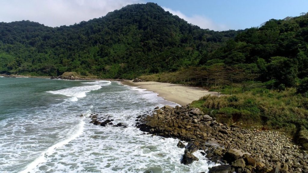 Praticante de voo livre sobrevoando a Praia do Itararé com vista para o Morro do Voturuá e a Mata Atlântica em São Vicente.