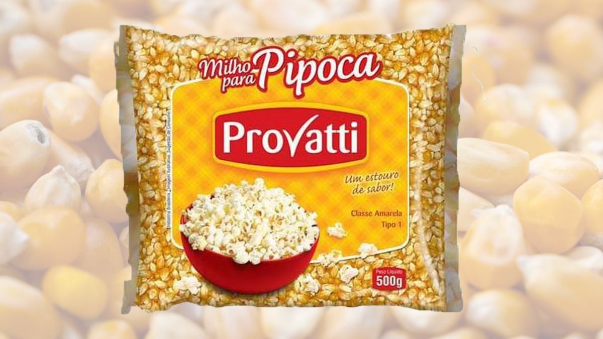 Embalagem de milho para pipoca da marca Provatti, produto que teve o recolhimento e a comercialização suspensos pela Anvisa devido a informações contraditórias sobre glúten no rótulo.