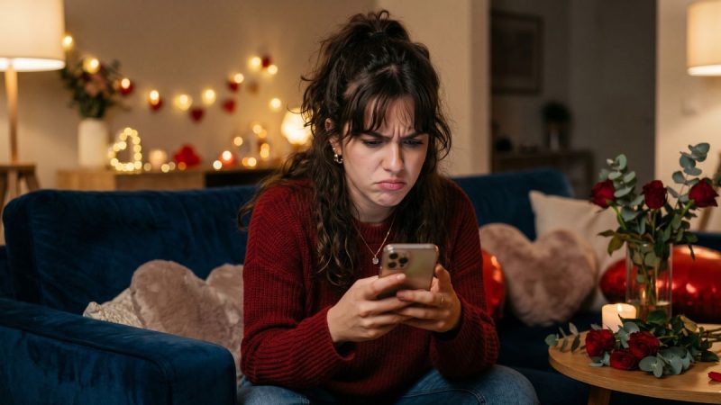 Smartphone com tela de chat aberta em cenário romântico com pétalas e luz suave, simbolizando o envio de mensagens de Dia dos Namorados pelo WhatsApp.