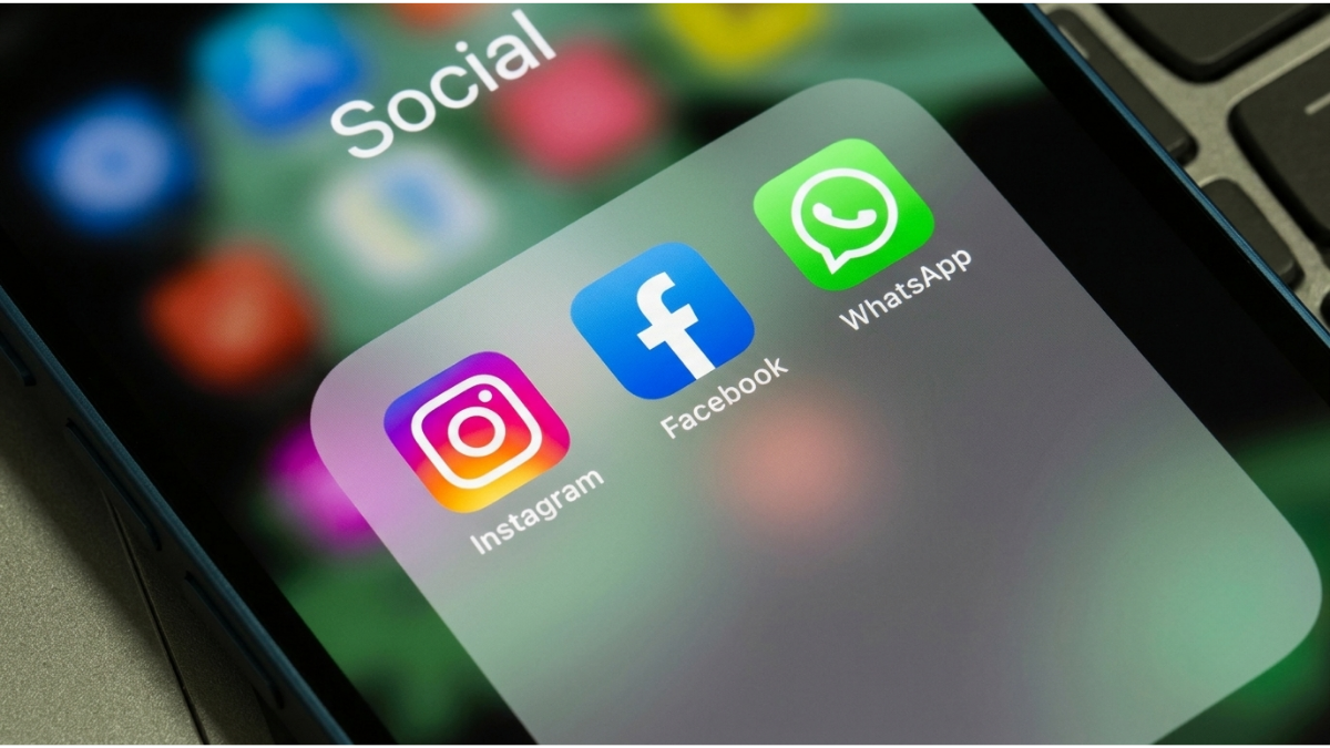 Logotipos do Instagram, WhatsApp e Facebook centralizados, representando a instabilidade e queda das plataformas da Meta relatada por usuários.