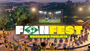 Torcedores reunidos na Arena do Lago do Taboão durante a Fan Fest Bragança Paulista 2026 para assistir aos jogos da Seleção Brasileira na Copa do Mundo.