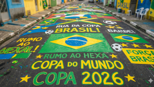 Moradores e residentes do Centro de Saúde Orosimbo Maia pintando o asfalto com cores da seleção brasileira em frente à Praça Alfavela em Campinas.