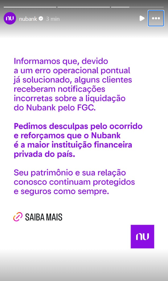 print stories instagram com aviso do errode e-mail enviado sobre liquidação extrajudicial