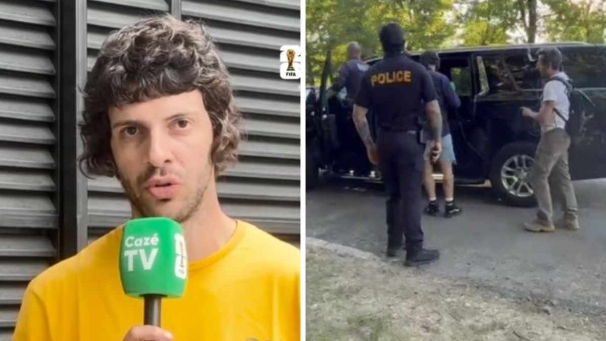 Diogo Defante é levado por policial nos EUA durante cobertura da Copa. Foto: Reprodução / Instagram @cazetv e @defante / Redes sociais