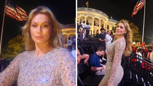 Lívia Andrade posando com vestido de gala repleto de brilho e pedrarias durante o evento UFC Freedom 250 em Washington D.C.
