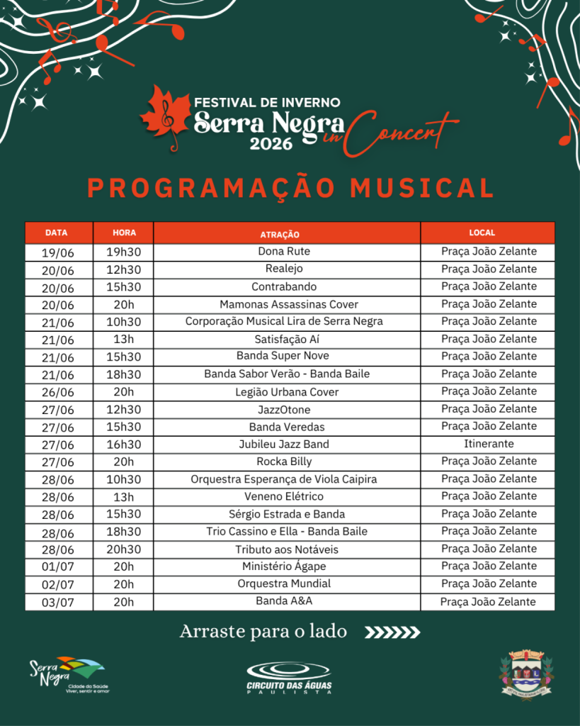 Programação Musical Festival de Inverno Serra Negra 2026 19/06 a 03/07