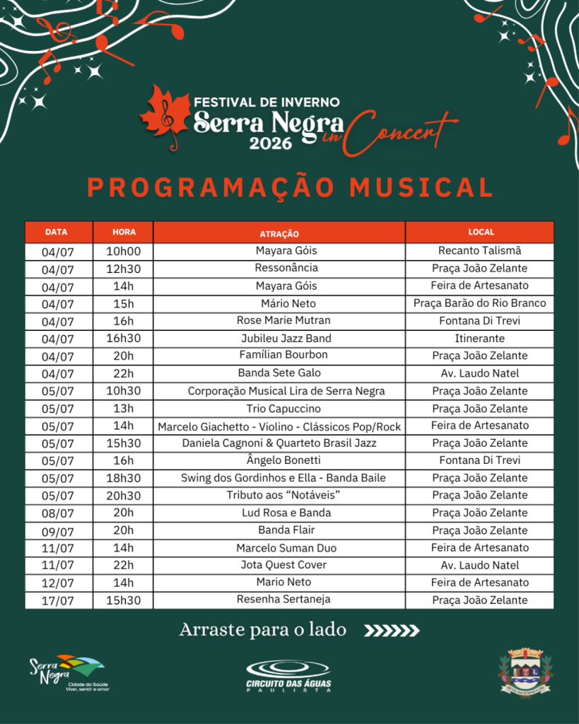 Programação Musical Festival de Inverno Serra Negra 2026 04/07 a 17/07