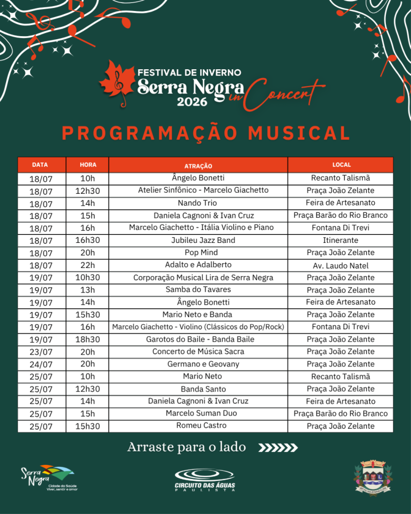 Programação Musical Festival de Inverno Serra Negra 2026 18/07 a 25/07
