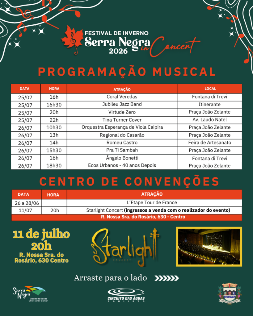 Programação Musical Festival de Inverno Serra Negra 2026 25/07 a 26/07