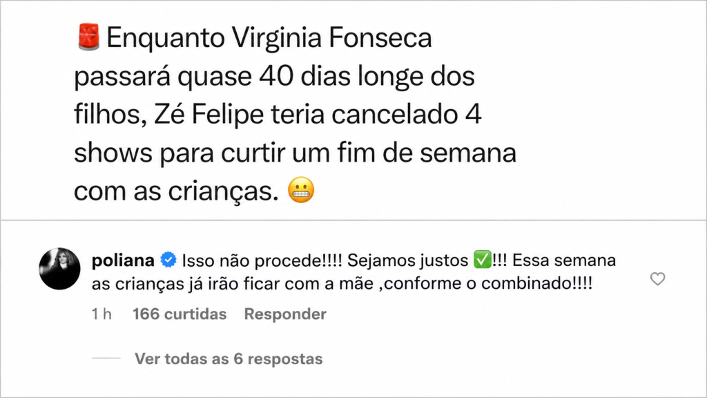 Possivel rumor da Virginia sobre os filhos e resposta da Poliana nas redes sociais negando o ocorrido
