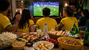 Mesa servida com várias comidas e bebidas e ao fundo, jogo da Copa do Mundo e com pessoas torcendo com a camisa do Brasil sobre a alimentação durante os jogos