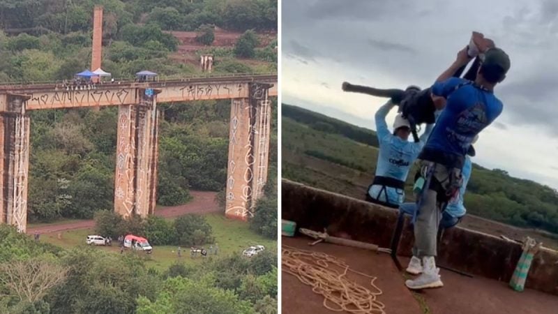 Imagem dividida mostra um rope jump com técnicos e equipamentos de segurança na plataforma e, ao fundo, a estrutura de altura durante investigação após caso morte em rope jump.