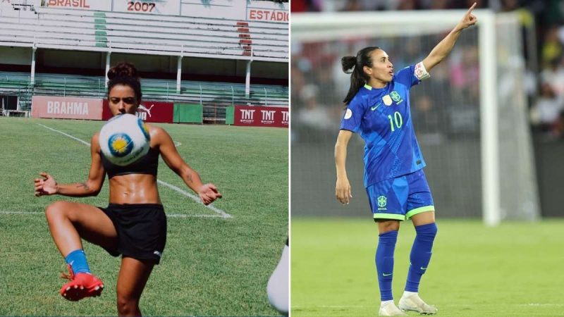 Montagem com duas imagens lado a lado. À esquerda, a atriz Alice Carvalho, caracterizada como Marta, aparece em um campo de futebol fazendo embaixadinhas com uma bola. Ao fundo, há arquibancadas com referências ao Pan-Americano de 2007. À direita, uma foto da jogadora Marta em campo pela Seleção Brasileira, usando uniforme azul e apontando para o alto durante uma partida.