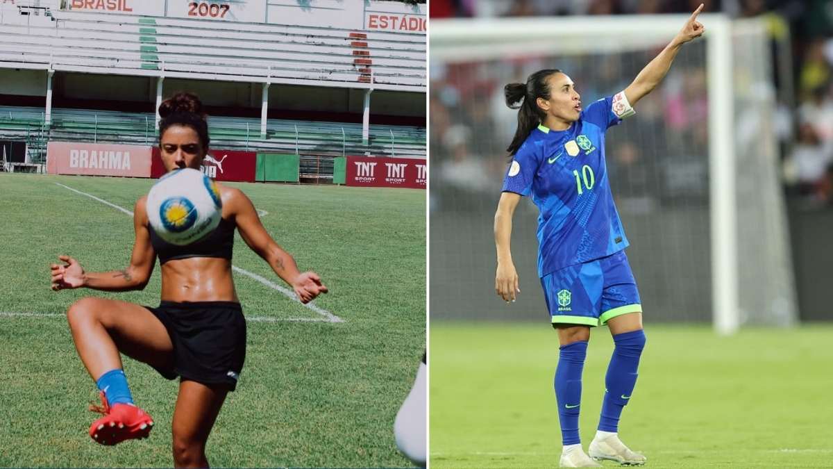 Montagem com duas imagens lado a lado. À esquerda, a atriz Alice Carvalho, caracterizada como Marta, aparece em um campo de futebol fazendo embaixadinhas com uma bola. Ao fundo, há arquibancadas com referências ao Pan-Americano de 2007. À direita, uma foto da jogadora Marta em campo pela Seleção Brasileira, usando uniforme azul e apontando para o alto durante uma partida.