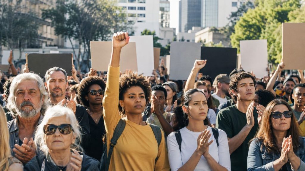 Pessoas em protesto representando o Dia Internacional de Combate ao Discurso de Ódio