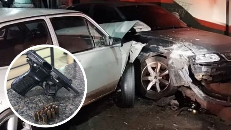 Perseguição policial em Limeira: veículo com forte impacto após confronto com a PM, com detalhe de arma e munições apreendidas na cena.